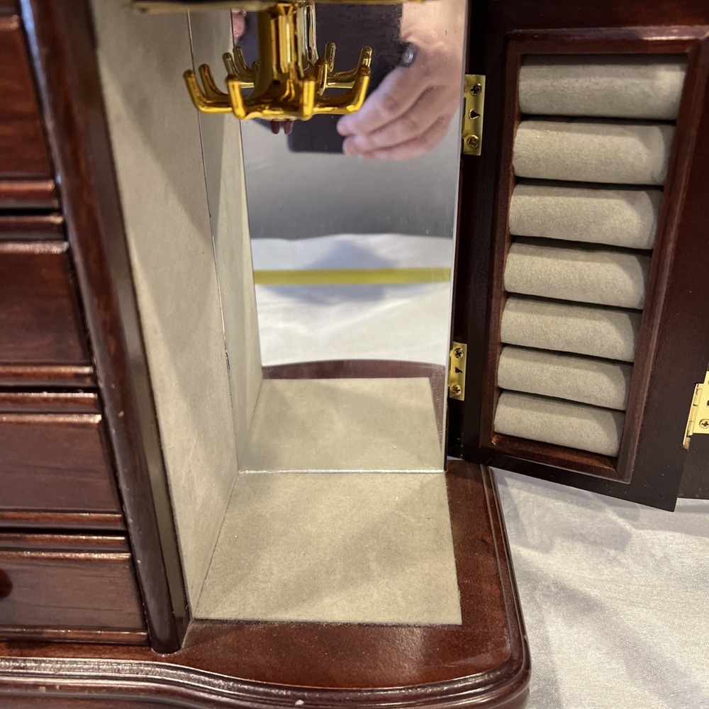 Large Vintage Lift Top Wooden Jewelry Box Etched Glass Doors- 4 Drawers 13.5x11 - Picture 9 of 16